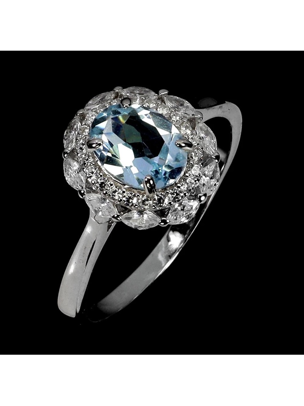 Vibrant Sky Blue Topaz 1.25CT w/ round & marquise halo 925 Sterling Silver Sz 9
